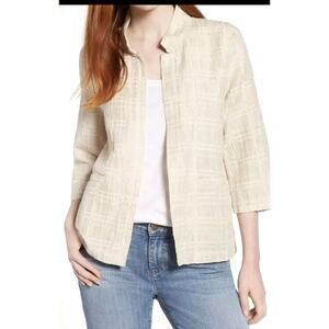 Eileen Fisher Organic Cotton Linen Jacquard Open Front Jacket XL Collar Classic
